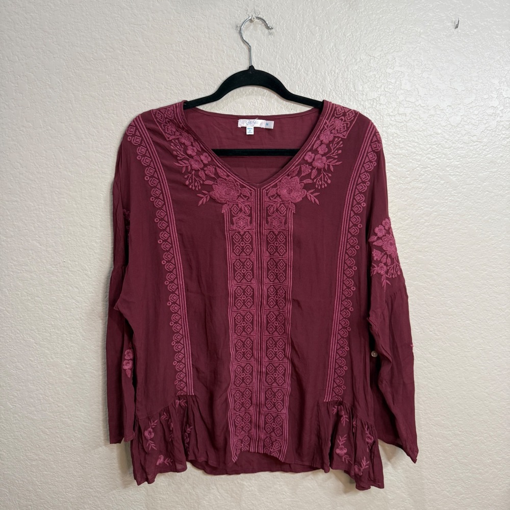 Kyla Seo Womens M Burgundy Embroidered Peasant Top Boho Revival Romantic Fall